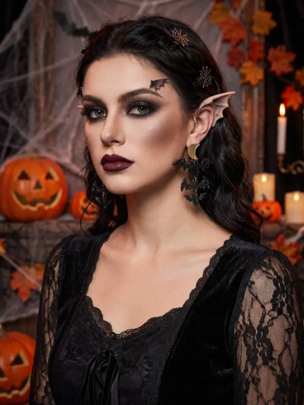 NWT Handmade Crescent Moon & Cascading Glitter Bat Dangle Earrings